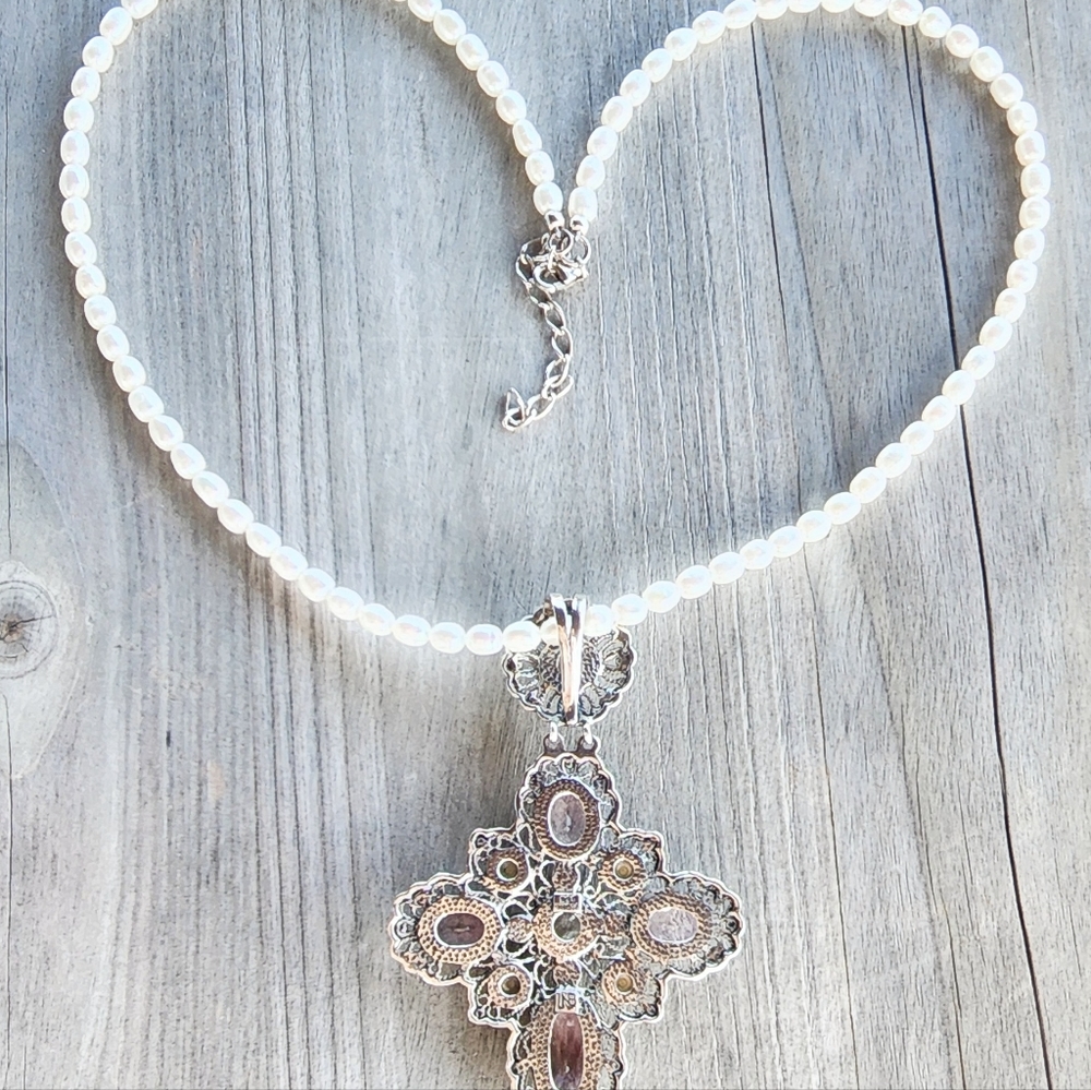 Nicky Butler Sterling Silver Pink Quartz Rhodolite Cross Pendant Pearl Necklace - Picture 9 of 16